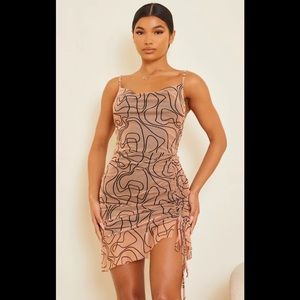 PLT Nude Abstract Line Print Ruched Bodycon Dress